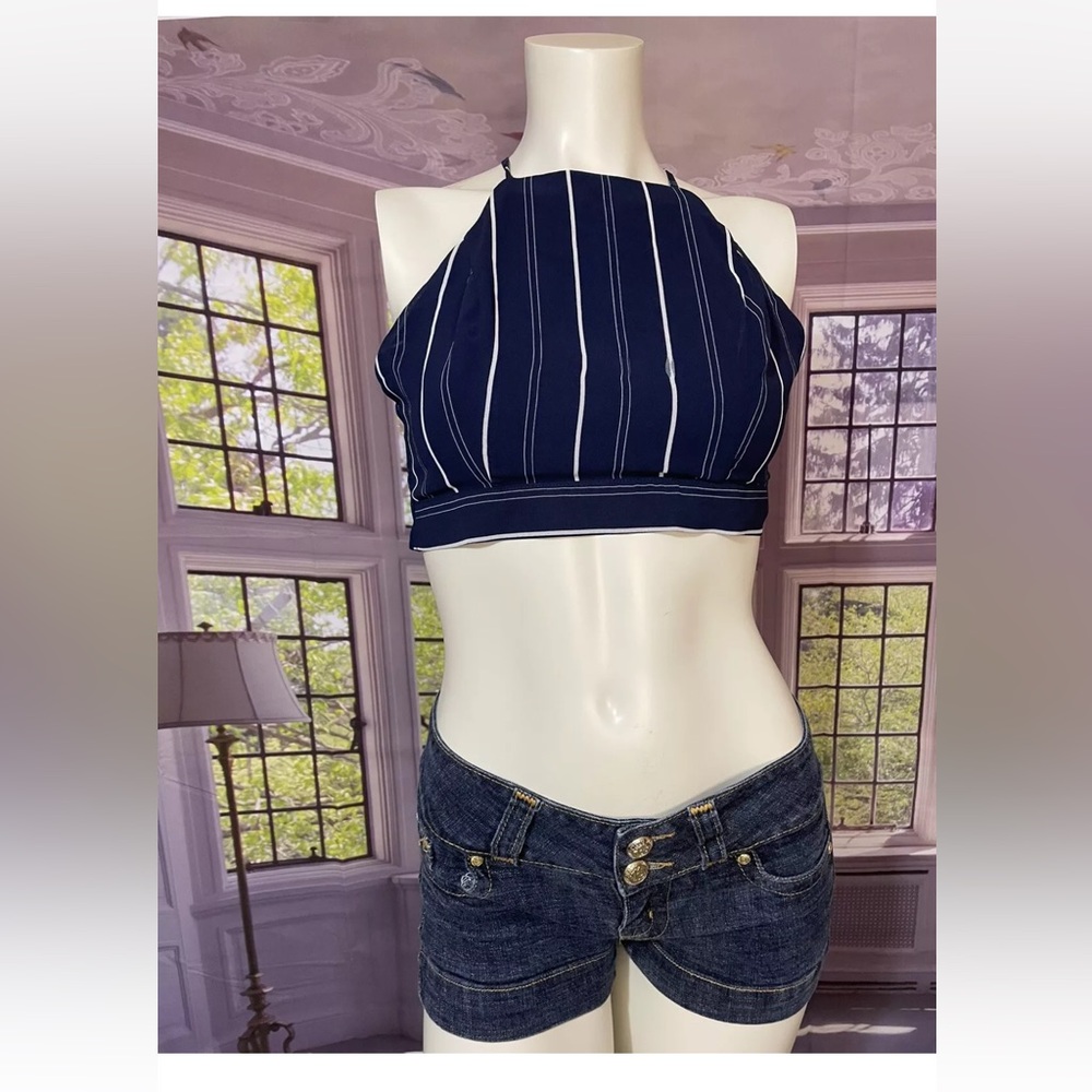 Papaya Blue Halter Top Spaghetti Strap Navy Striped Halter Top size small